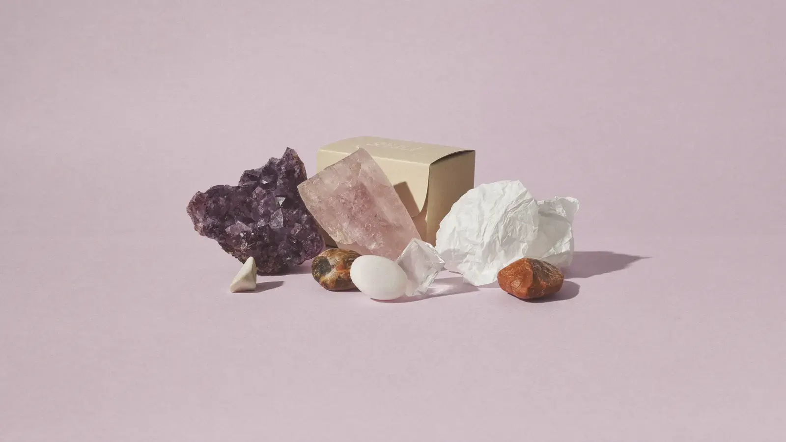 Crystals and minerals: the kit, photographed as a studio still life