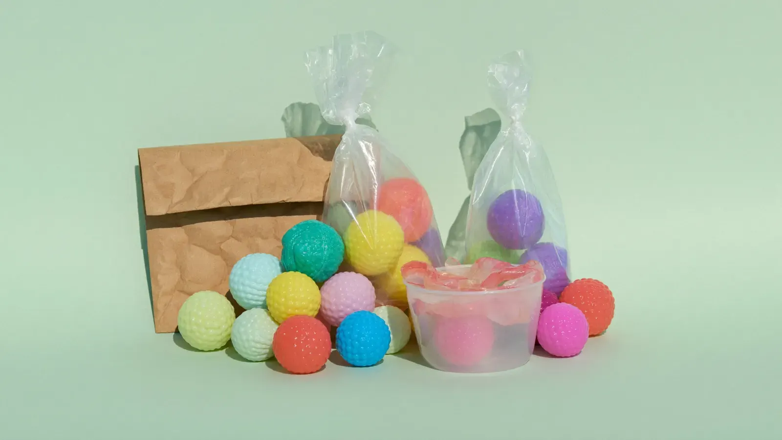 The kit for Needoh and squishy toys, laid out on a plain background