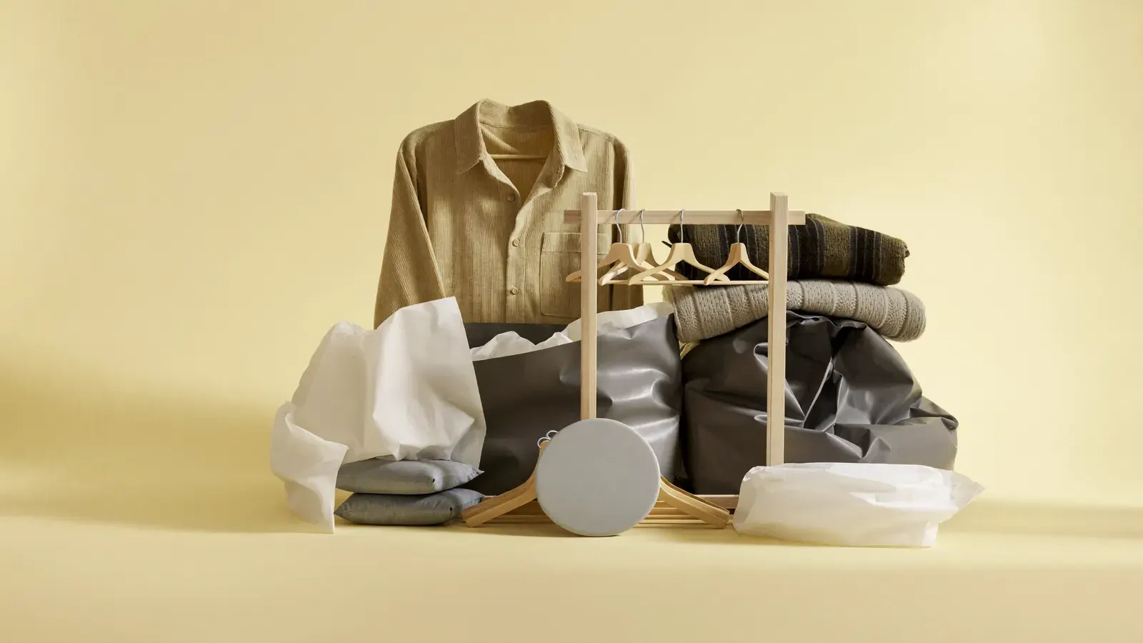 The kit for Vintage clothing, laid out on a plain background