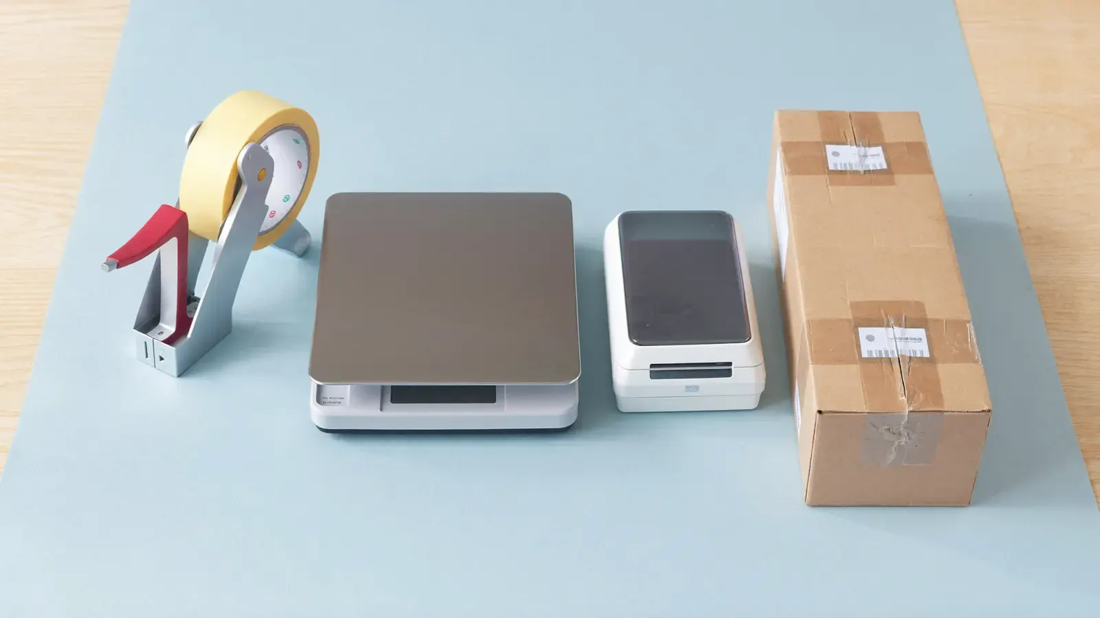 eBay packaging: what to buy for 50–100 orders a week: the kit, photographed as a studio still life