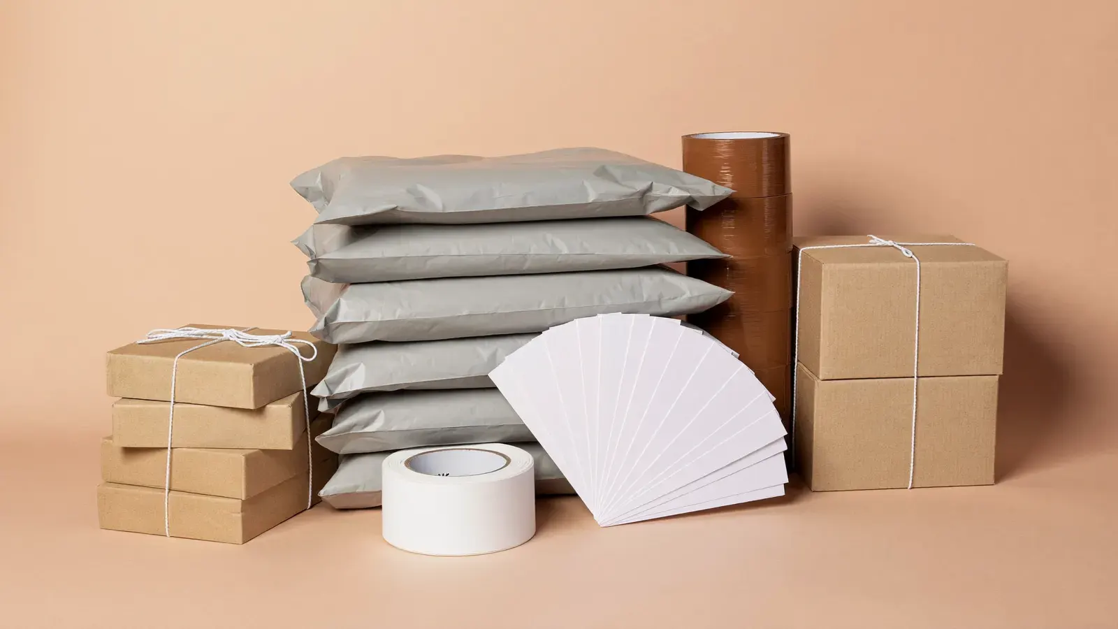Small business packaging setup for 100 orders a week: the kit, photographed as a studio still life