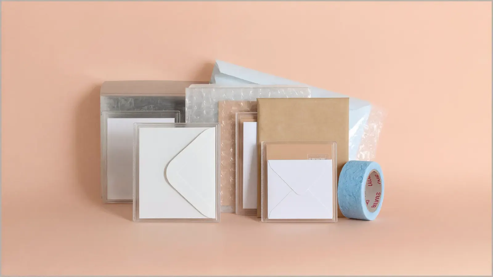 The kit for How to ship Pokémon cards in the US, laid out on a plain background
