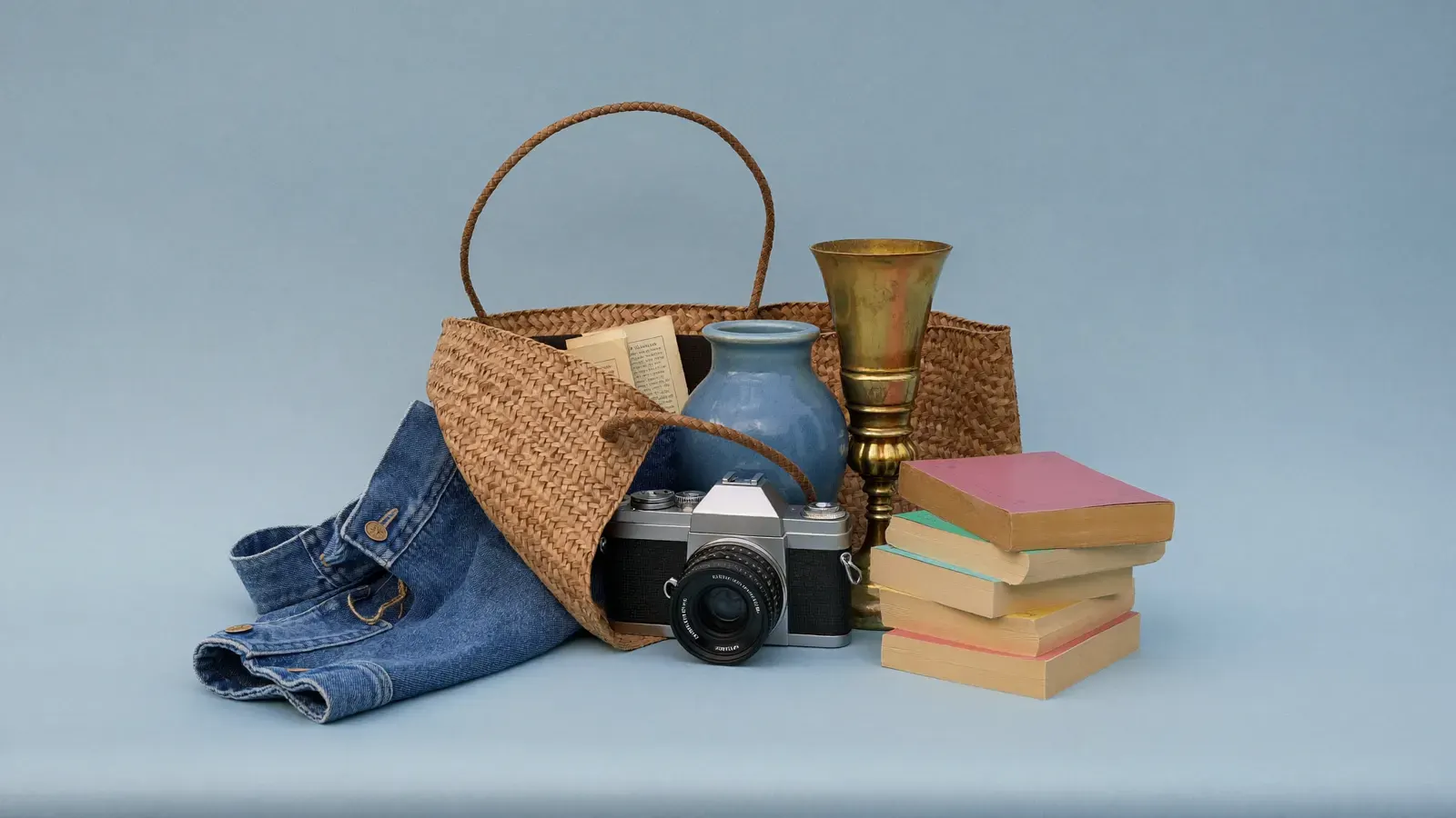The kit for Reselling at thrift stores and estate sales, laid out on a plain background