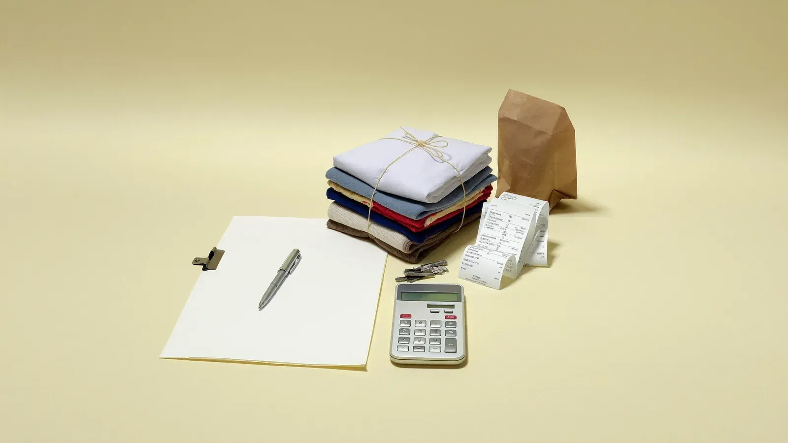 Le matériel pour DAC7 et impôts Vinted : vendre en ligne en micro-entreprise, posé sur un fond uni