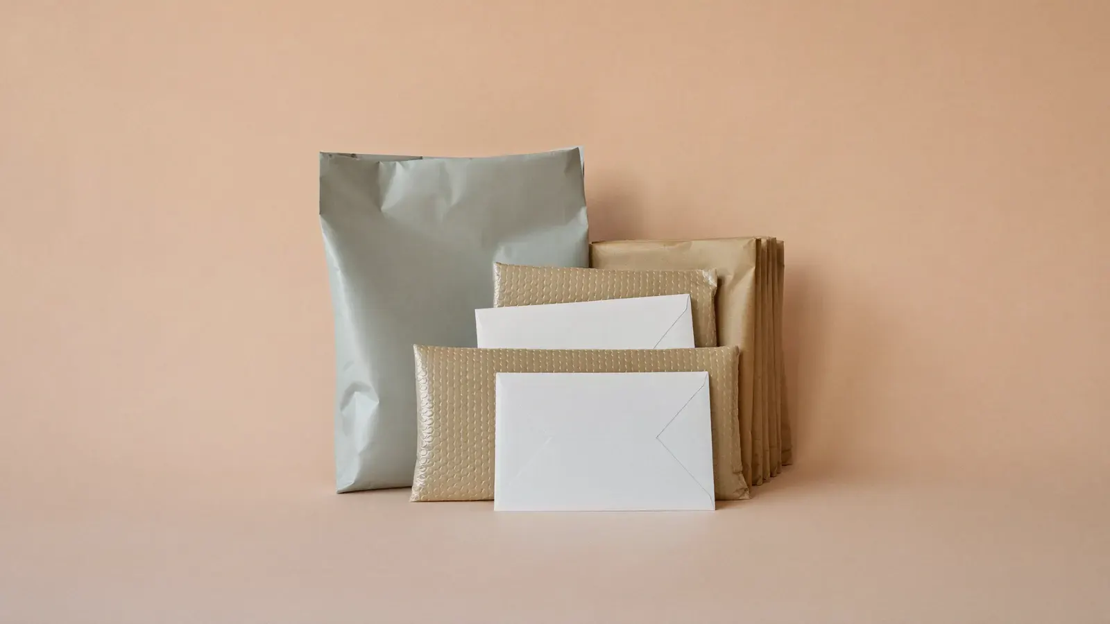 The kit for Best poly mailers, bubble mailers and card mailers, laid out on a plain background