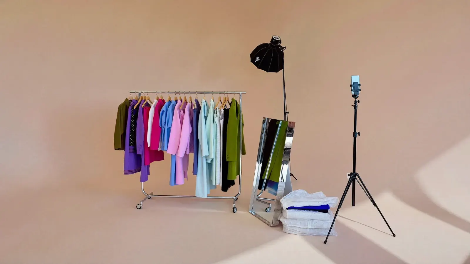 Whatnot clothing setup for live shows and TikTok Shop: the kit, photographed as a studio still life