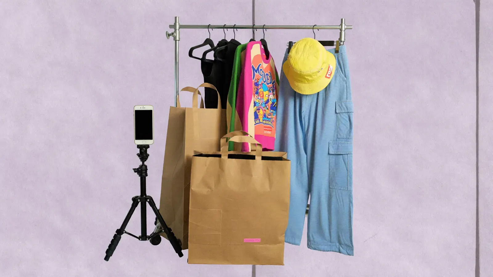 Depop vintage clothing starter setup: the kit, photographed as a studio still life