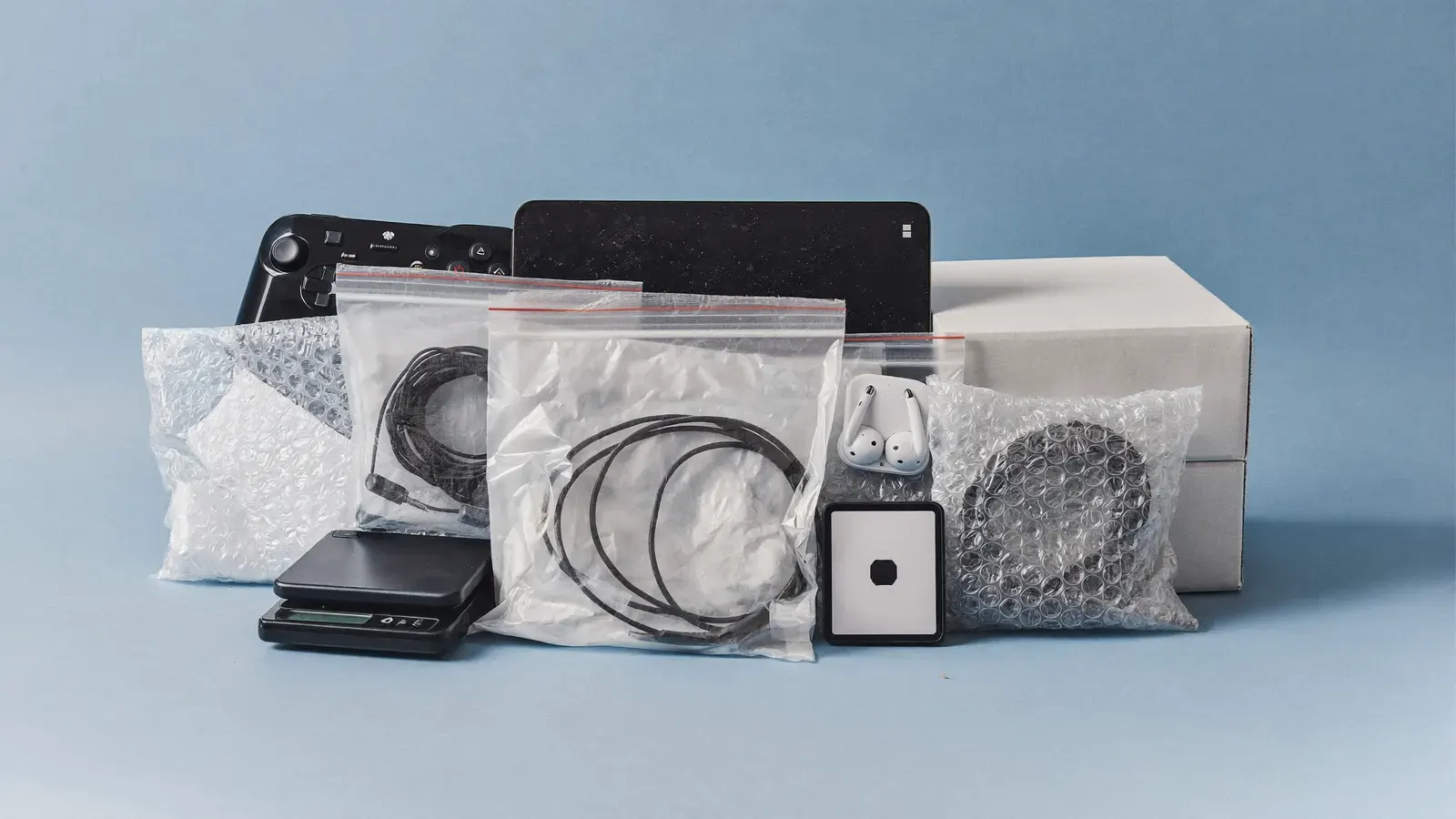 eBay electronics reselling setup: the kit, photographed as a studio still life