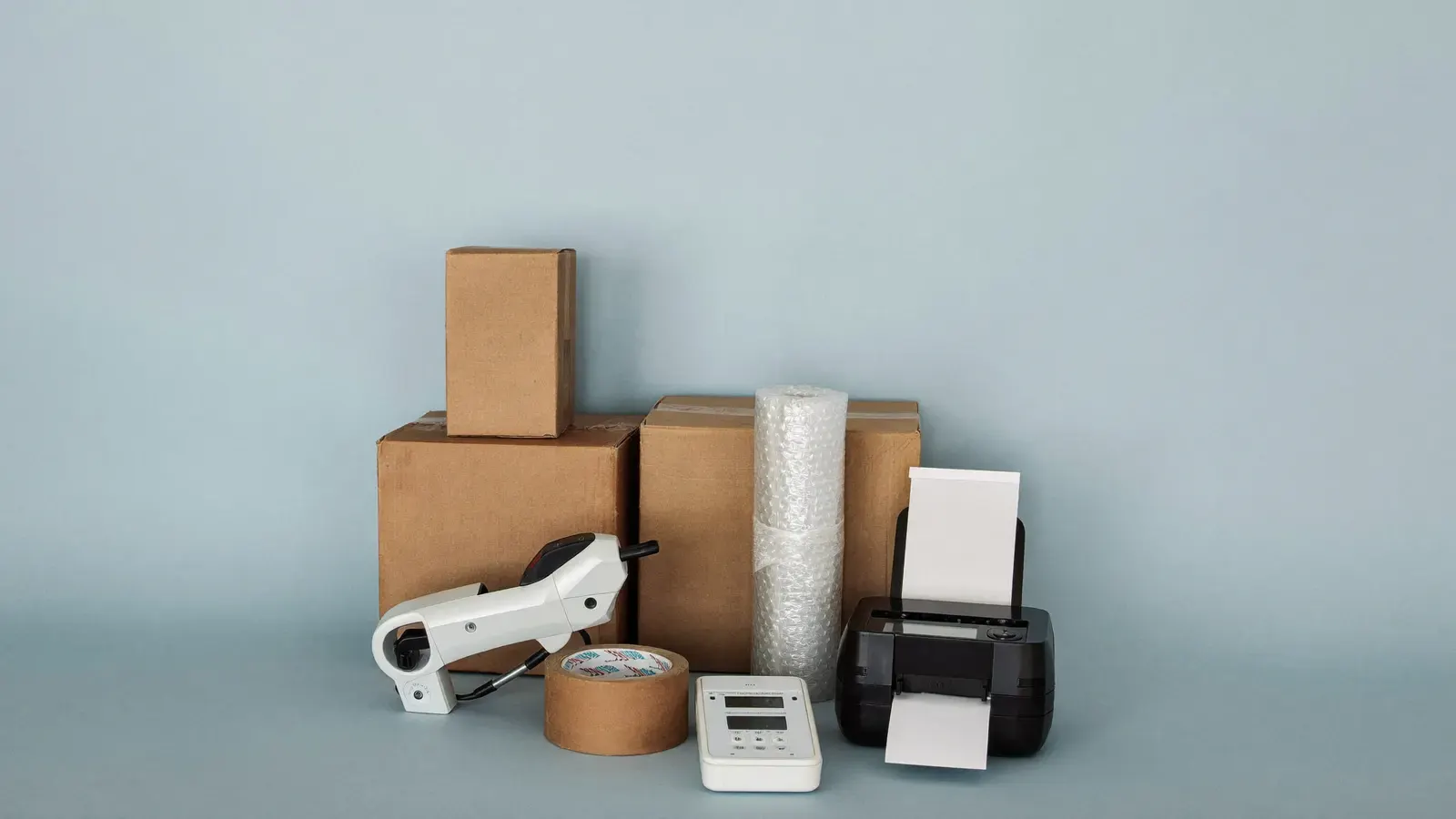 eBay packing station setup for 50 to 100 orders a week: the kit, photographed as a studio still life