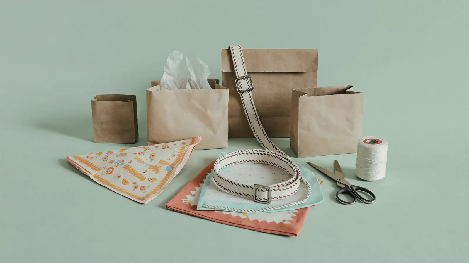 Handmade dog bandanas and collars on Etsy: the kit, photographed as a studio still life