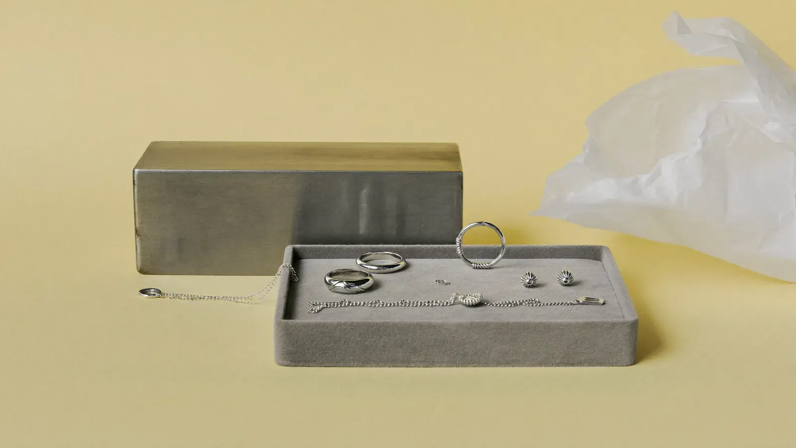 Handmade silver jewellery studio for Etsy and Depop: the kit, photographed as a studio still life