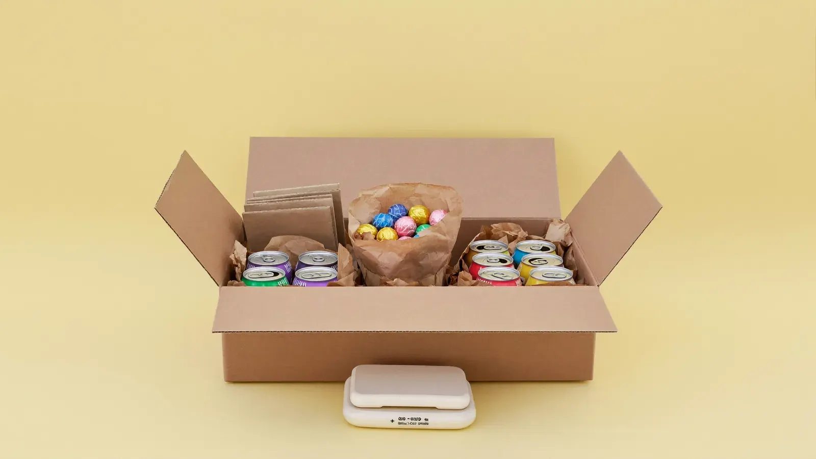 Snack box seller in a registered spare room: the kit, photographed as a studio still life