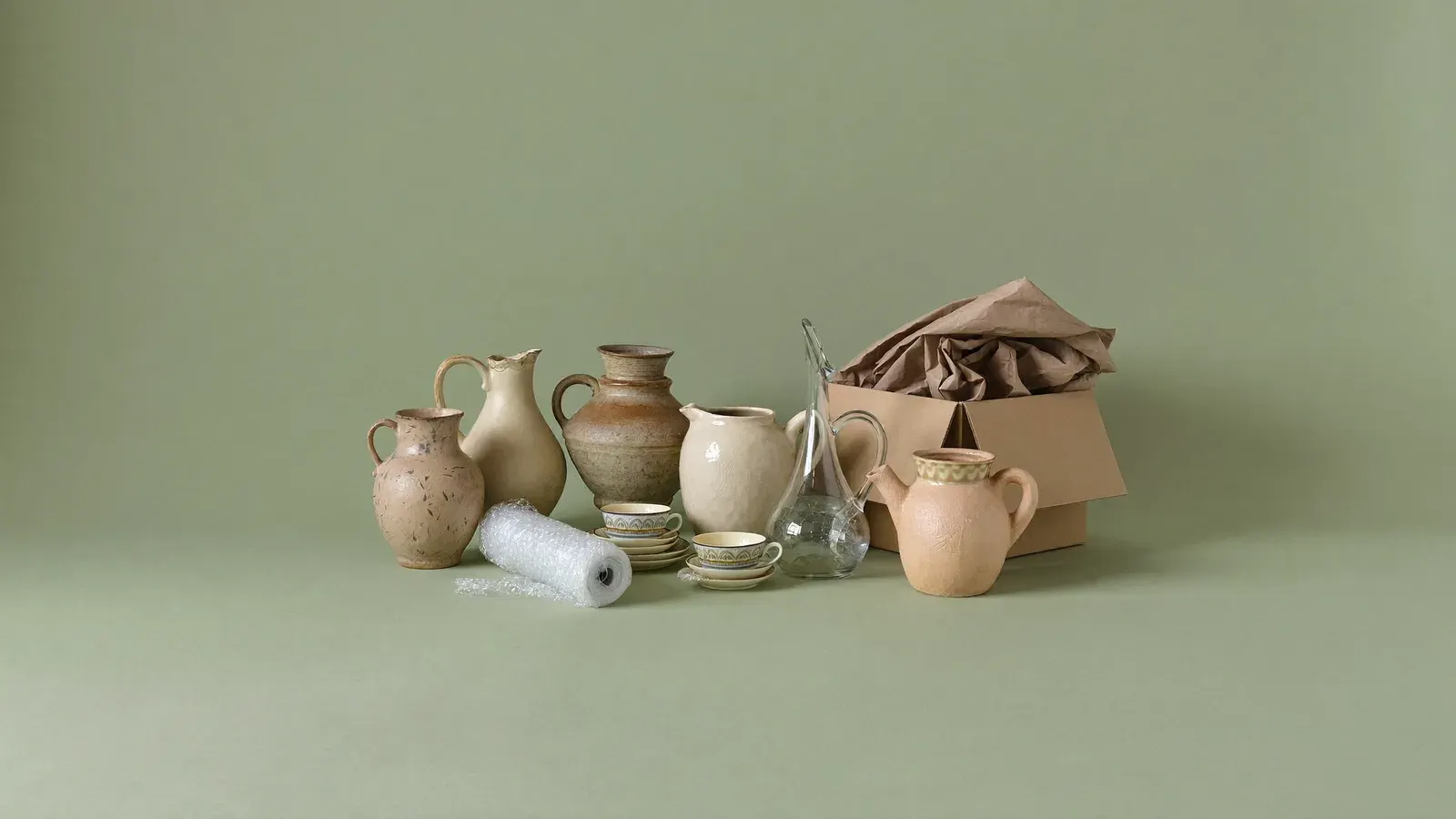 The kit for Vintage ceramics and glass from a spare room, laid out on a plain background