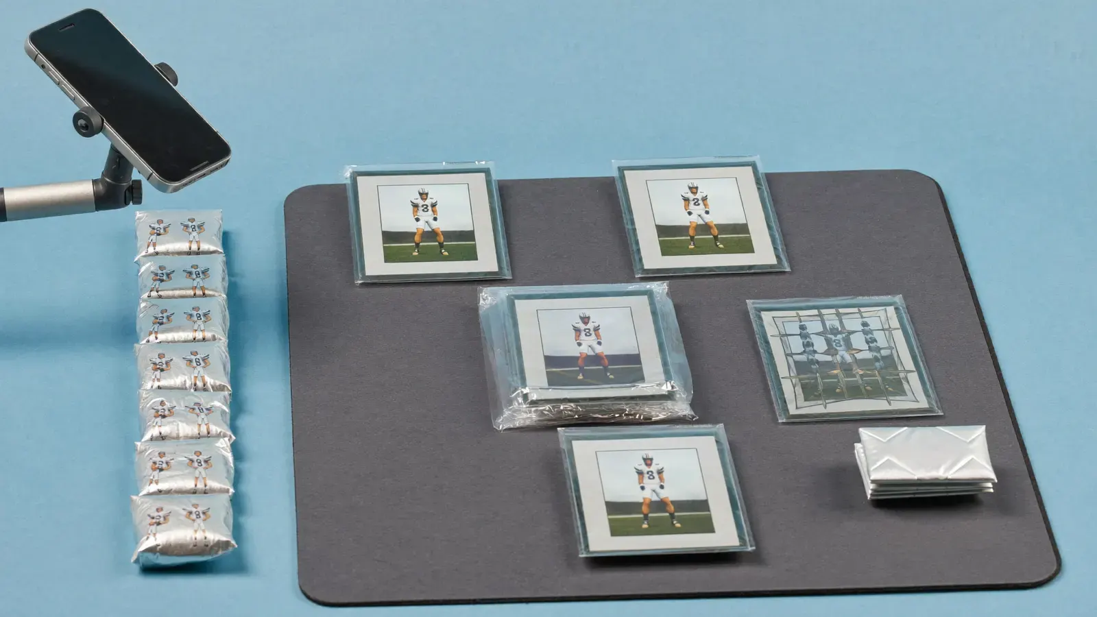 Whatnot card break setup for sports and football cards: the kit, photographed as a studio still life